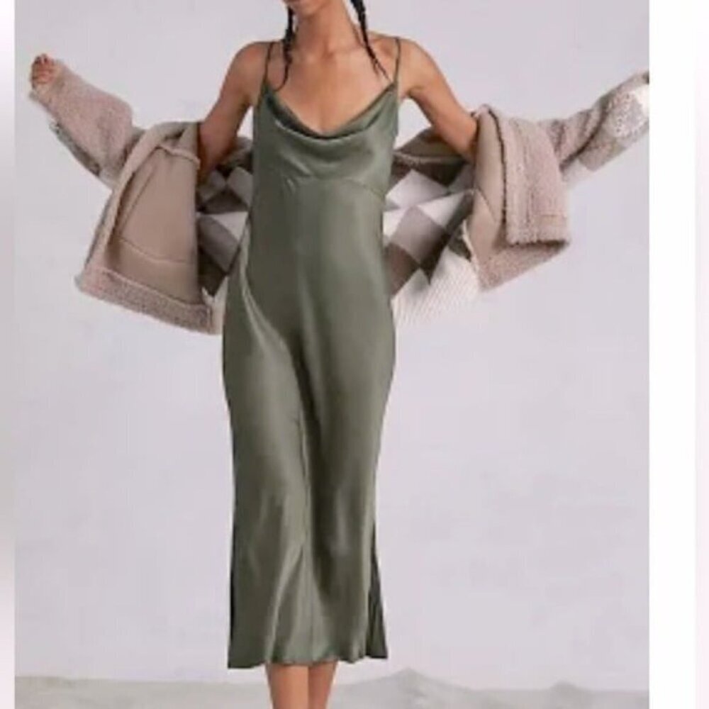 ANTHROPOLOGIE BHLDN Satin Silky Drapey Neck Slip Dress Light Moss Size 16 NEW